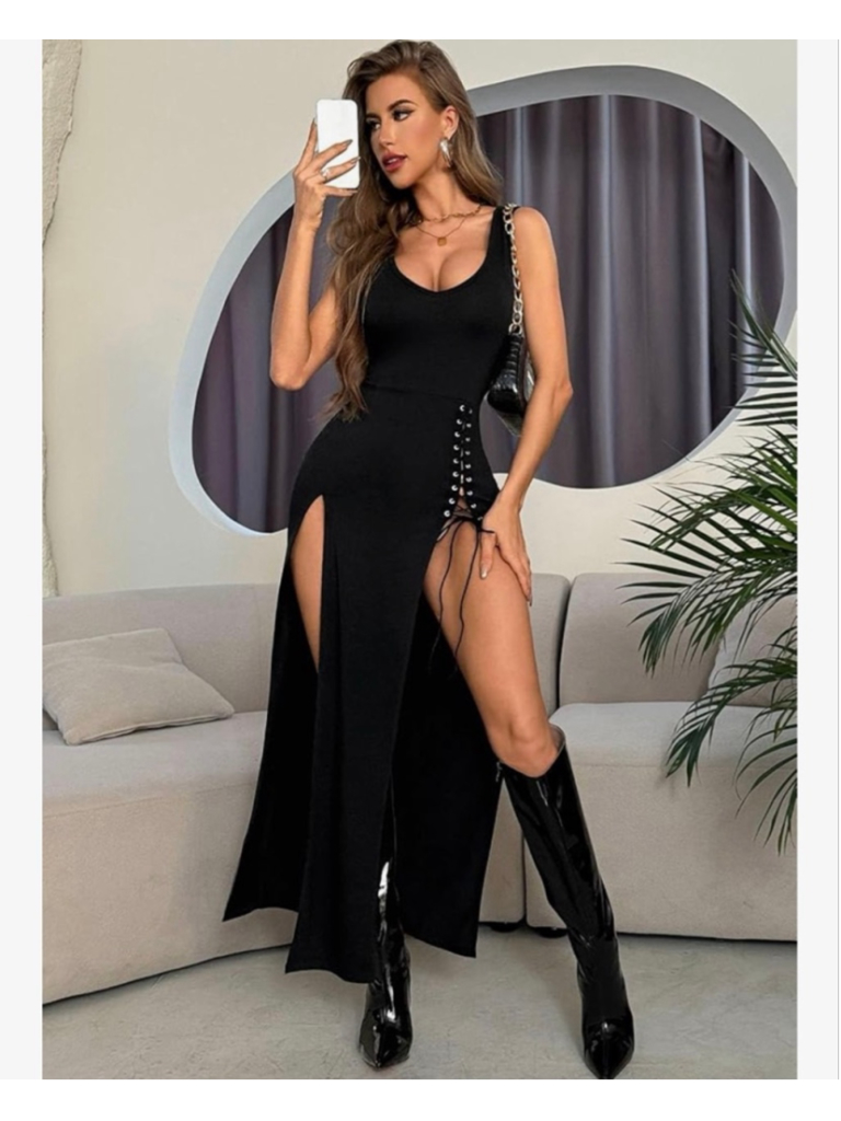 New Gothdark Black Goth High Slit V Neck Eyelet Rope Club Maxi Dress S